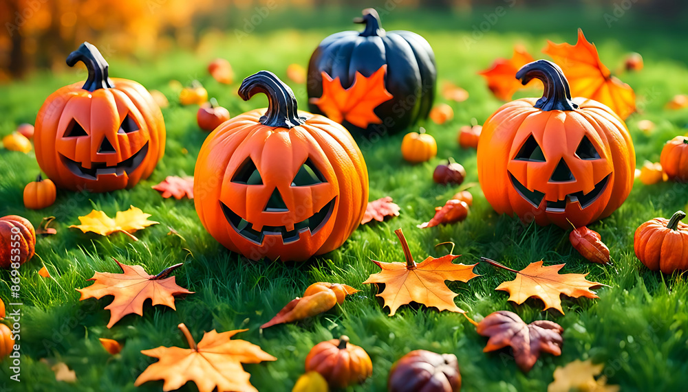 Halloween dekorative Kürbisse mit Grimasse in orange schwarz liegen zwischen gelben Herbst Laub auf Wiese, Vorlage und Hintergrund für Werbung und Gestaltung von Einladungen, Grußkarten Halloween dekorative Kürbisse mit Grimasse in orange schwarz liegen zwischen gelben Herbst Laub auf Wiese, Vorlage und Hintergrund für Werbung und Gestaltung von Einladungen, Grußkarten