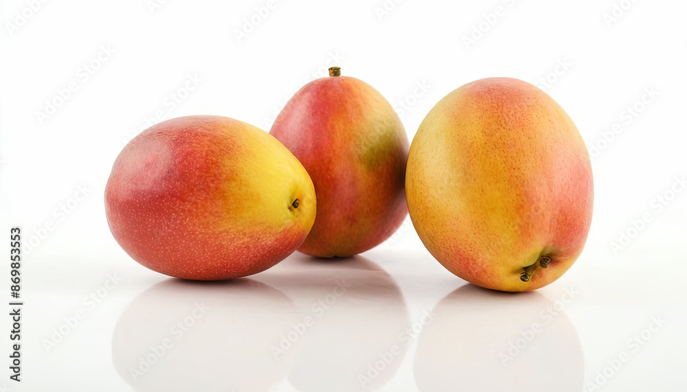 Three ripe mangoes on a white background. The mangoes are arranged in a row, with the largest one in the center. They are all a vibrant orange and red color, with a yellow tinge Three ripe mangoes on a white background. The mangoes are arranged in a row, with the largest one in the center. They are all a vibrant orange and red color, with a yellow tinge