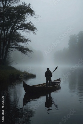 Lonely Boat in the Mist with Silhouette of a Person