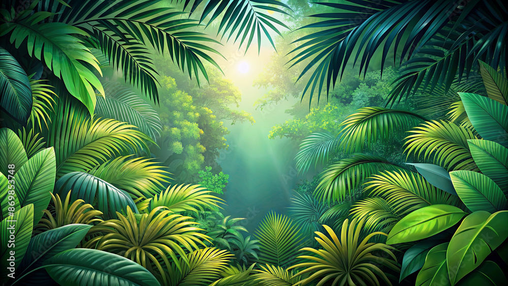 A vibrant illustration of a lush tropical rainforest canopy with sunlight streaming through the leaves A vibrant illustration of a lush tropical rainforest canopy with sunlight streaming through the leaves