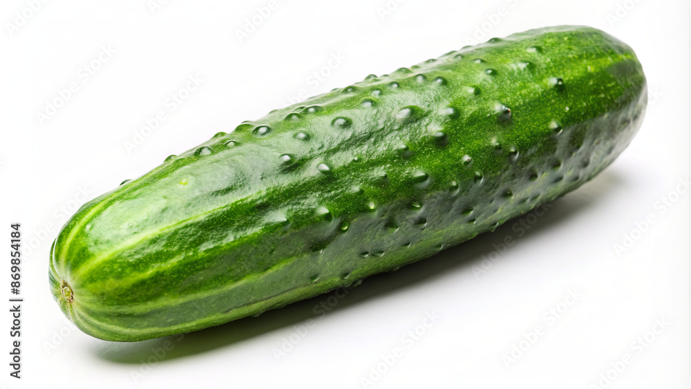 A single, fresh green cucumber is isolated on a white background A single, fresh green cucumber is isolated on a white background