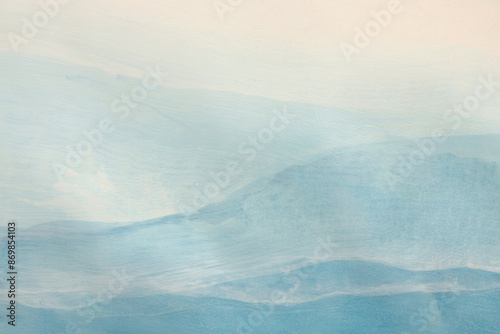 Smoke Ink watercolor, acrylic hand drawn painting blot. Wave blue, beige, white landscape on wet beige paper texture background.
