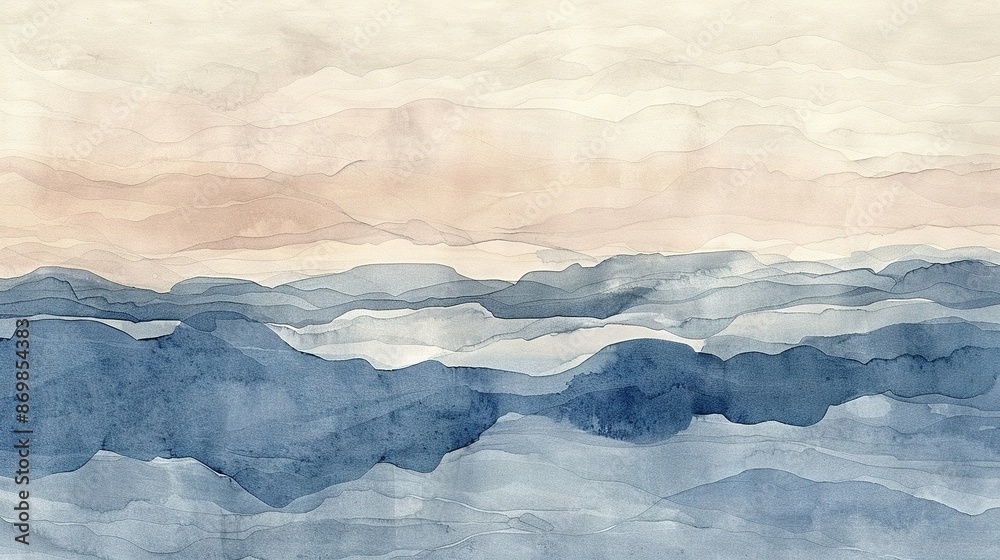 Watercolor depiction of a serene blue ocean beneath a stunning pink sky Clouds gracefully obstruct the horizon, evoking tranquility Watercolor depiction of a serene blue ocean beneath a stunning pink sky Clouds gracefully obstruct the horizon, evoking tranquility