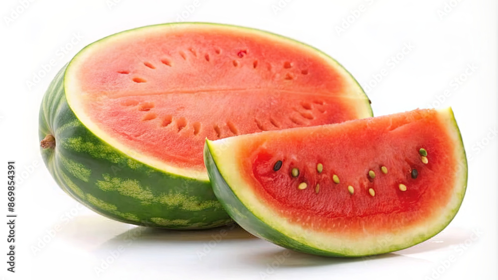 A close-up photograph of a sliced watermelon, showcasing the red flesh and black seeds. The watermelon is on a white background A close-up photograph of a sliced watermelon, showcasing the red flesh and black seeds. The watermelon is on a white background