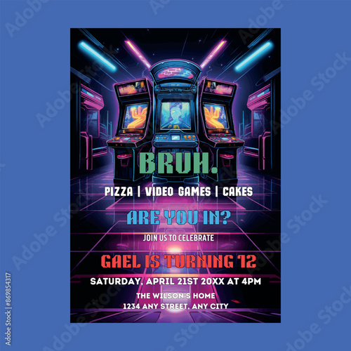  Neon Arcade Video Games Birthday Invitation