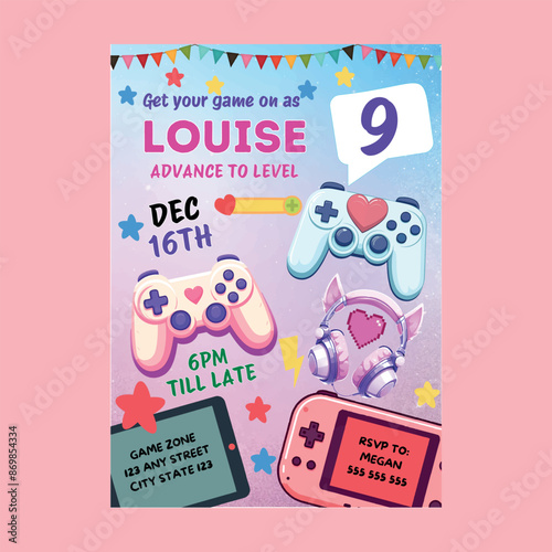 Pink Gamer Girl Birthday Invitation
