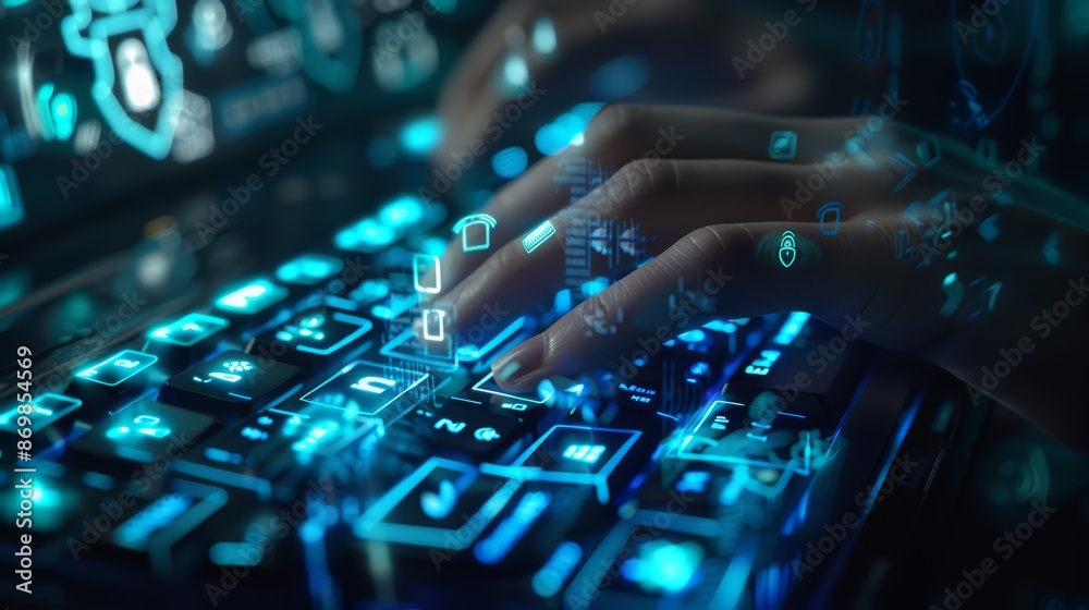 A close-up shot of a cyber security expert typing on a keyboard A close-up shot of a cyber security expert typing on a keyboard