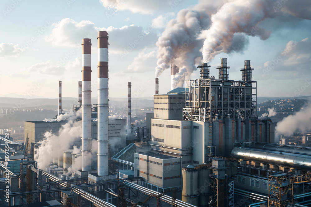 Large industrial factory with multiple smokestacks emitting smoke, showing intensive industrial activity Large industrial factory with multiple smokestacks emitting smoke, showing intensive industrial activity