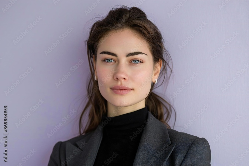 Female model showcases contemporary monochrome outfit against lavender backdrop, creating room for text. Female model showcases contemporary monochrome outfit against lavender backdrop, creating room for text.