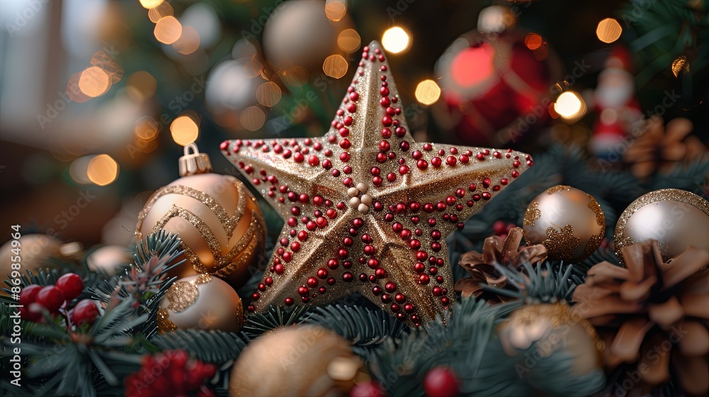 Glittering Star Ornament Adorns Christmas Tree With Red And Silver Baubles Glittering Star Ornament Adorns Christmas Tree With Red And Silver Baubles