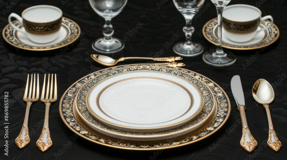 Luxurious dining setup with black tablecloth, polished silverware, crystal glassware, and ornate plates, creating a refined ambiance in a formal setting Luxurious dining setup with black tablecloth, polished silverware, crystal glassware, and ornate plates, creating a refined ambiance in a formal setting