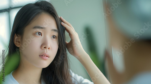 Free Download Damaged Hair symptom, face serious asian young woman, girl worry about balding, looking at scalp in mirror, hand in break into front hair loss, thin problem. Health care treatment for beauty concept - GFXLoad