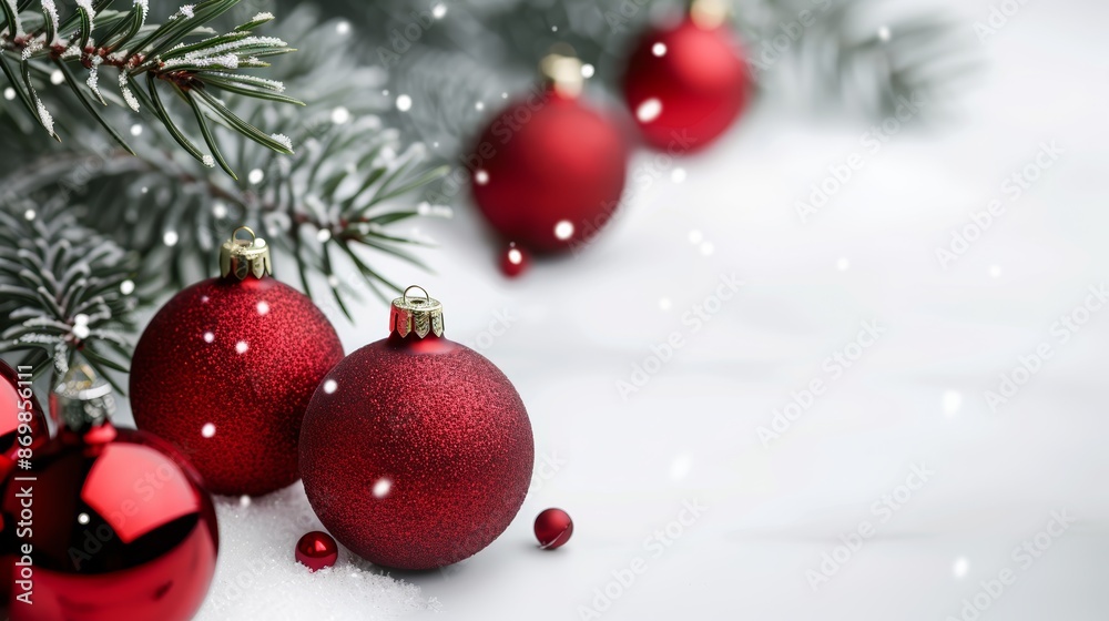 Red Christmas ornaments on fir branches, winter snow backdrop, festive holiday banner, design template, copy space Red Christmas ornaments on fir branches, winter snow backdrop, festive holiday banner, design template, copy space