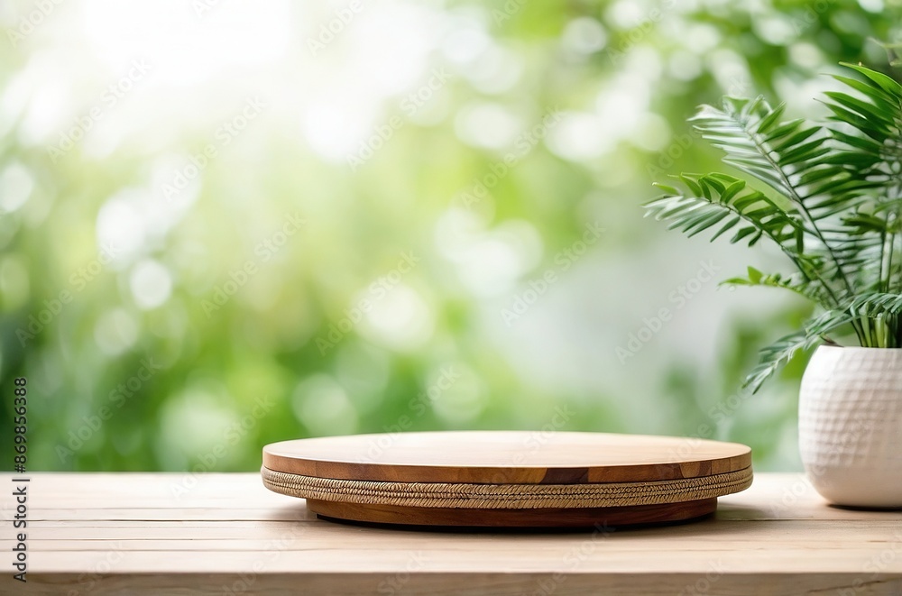 Wooden rattan podium table, nature background Wooden rattan podium table, nature background