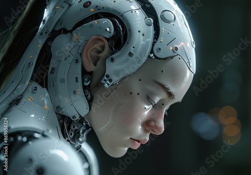 Close-Up Portrait of a Cyborg Woman in a Dark Forest Setting