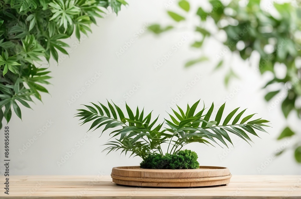Wooden rattan podium table, nature background Wooden rattan podium table, nature background