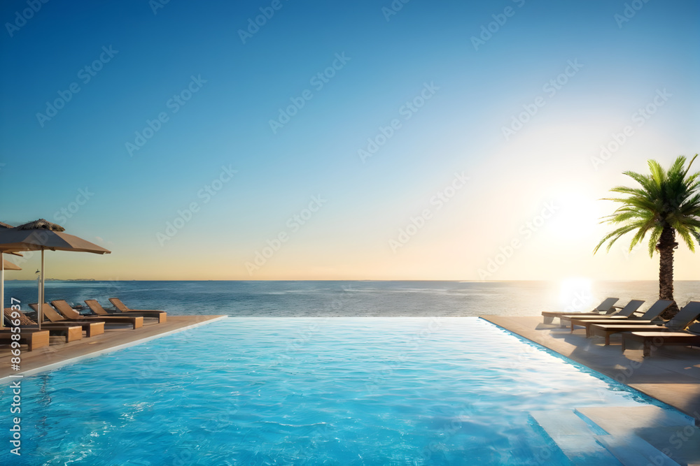 Fototapeta premium Tranquil sunset at a beachfront resort infinity pool