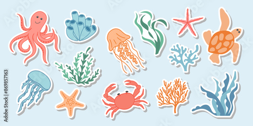Sea life Characters Stickers set. Cute octopus, jellyfish, crab, turtle, seaweed isolated on white. Ocean life. Underwater reef animals. Sticker for scrapbook, planner, child book