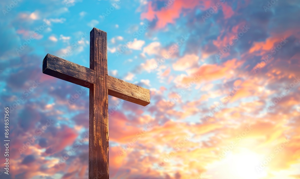 A wooden cross in the foreground against a vibrant orange and pink sky sunset. Wooden cross symbolizing Easter hope and resurrection. A wooden cross in the foreground against a vibrant orange and pink sky sunset. Wooden cross symbolizing Easter hope and resurrection.
