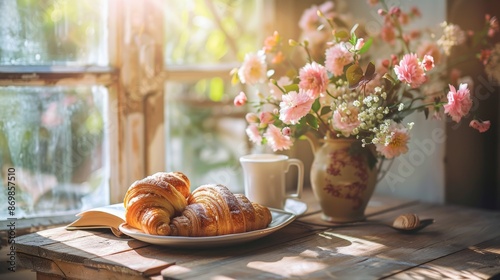 A picturesque breakfast scene illuminated by morning sunlight featuring fresh croissants on a plate, a cup of coffee, and a flower vase set on a rustic wooden table by a window.