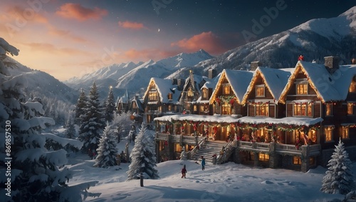 Beleuchtetes Dorf in der Winternacht