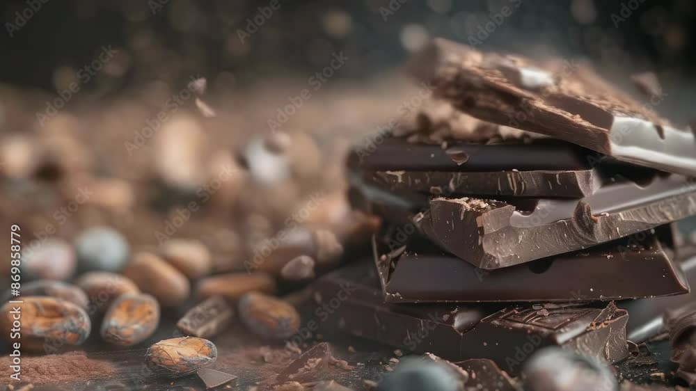 A detailed close-up photo of dark chocolate bars stacked with cocoa ...