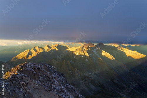 Panorama view of mountains in Ötztal Alps seen from summit Hochwilde during sunrise in Texel group, South Tyrol, Italy photo