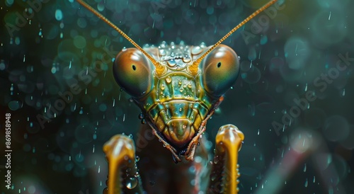 Close Up Of Praying Mantis With Water Droplets On Its Body