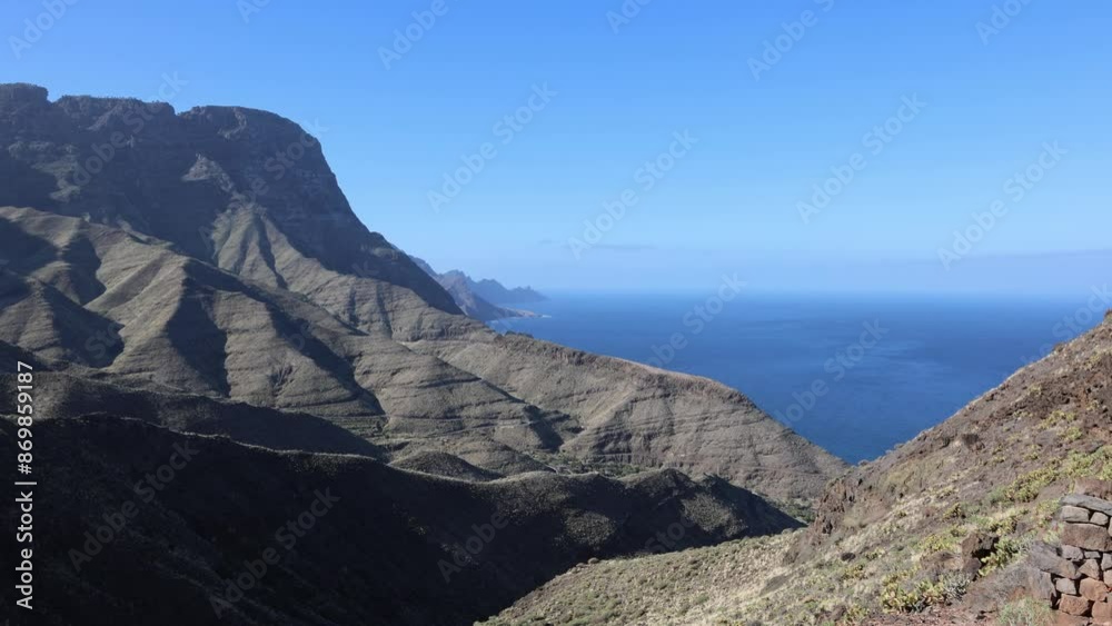 Static video of mountain coastline landscape and ocean view in Gran canaria, Spain