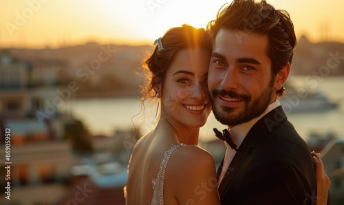 Attractive Couple in Evening Wear Posing on Top Floor Balcony