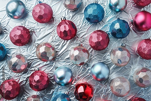 glass retro Christmas baubles pattern on aluminium foil background, flat lay photo