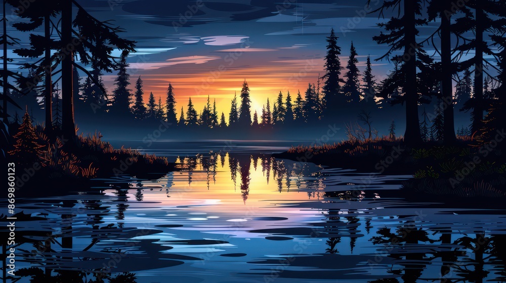 Obraz premium A breathtaking sunset over a tranquil lake, surrounded by pine trees, with a reflection of the colorful sky in the water, evoking serenity and peace.