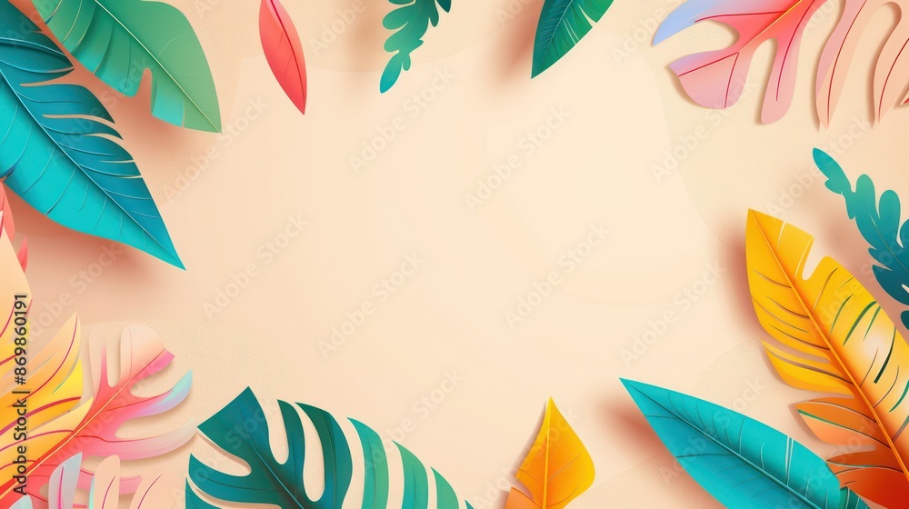 A vibrant and colorful tropical leaves frame featuring a variety of leaf shapes and colors, creating a lively and warm composition ideal for creative projects. A vibrant and colorful tropical leaves frame featuring a variety of leaf shapes and colors, creating a lively and warm composition ideal for creative projects.