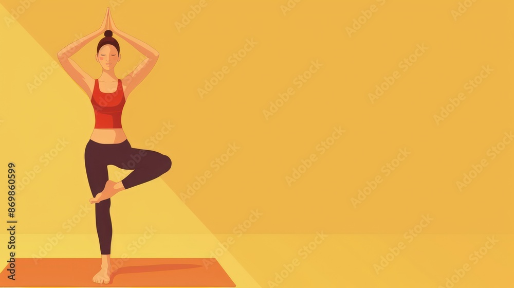 Illustration of a woman practicing tree pose yoga on a mat under warm yellow lighting, with a serene expression on her face, embodying tranquility and balance. Illustration of a woman practicing tree pose yoga on a mat under warm yellow lighting, with a serene expression on her face, embodying tranquility and balance.