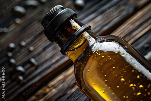 A close-up image of a glass bottle filled with golden liquid, likely oil or honey, sitting on a rustic wooden surface