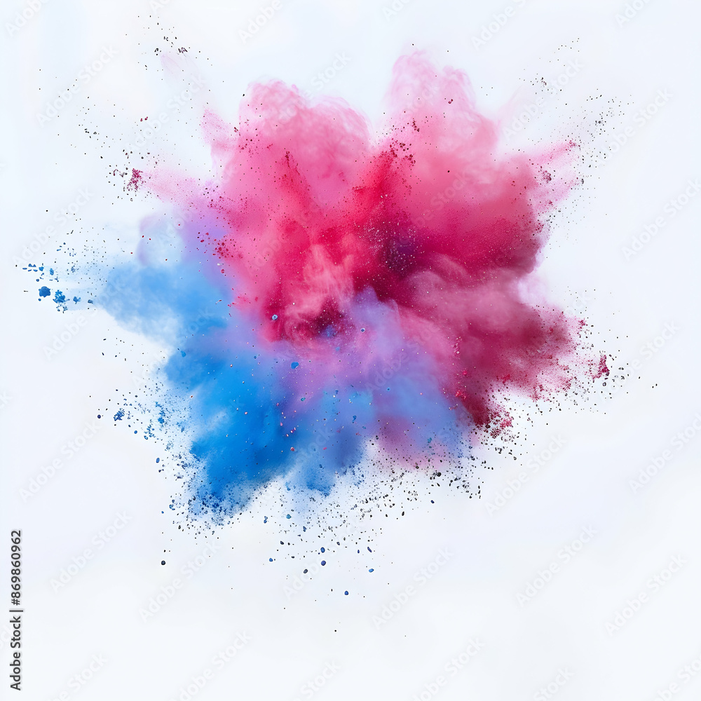 Colored powder explosion. Abstract closeup dust on backdrop. Colorful explode. Paint holi, Freeze motion of color powder exploding on white background.
