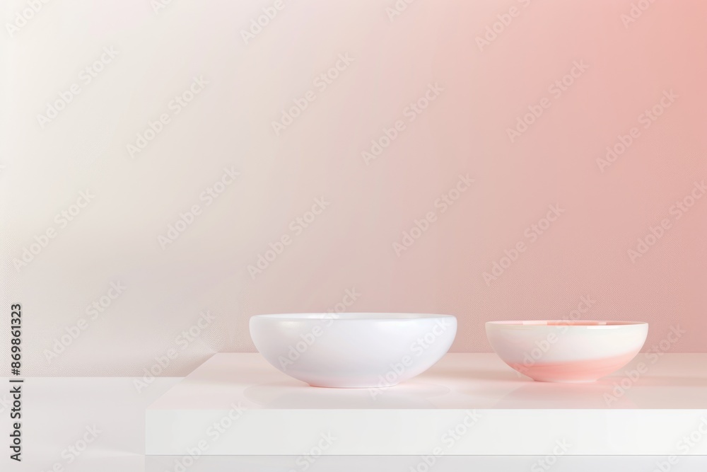 Two ceramic bowls, one white and one with a pink rim, sit on a white shelf against a backdrop of soft pink and white gradients
