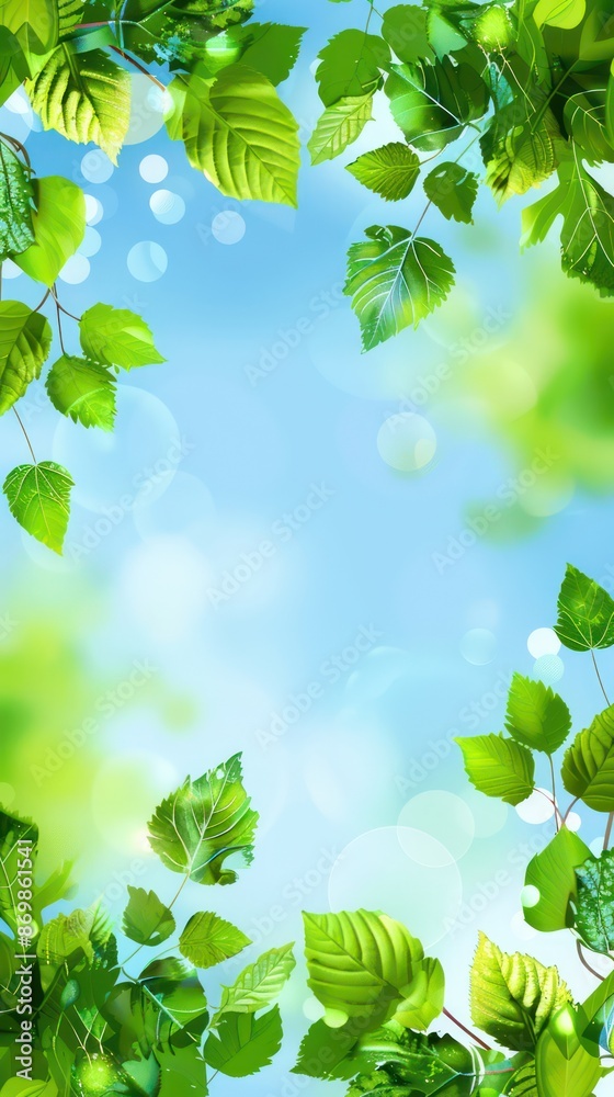 Obraz premium A beautiful arrangement of green leaves forming a natural frame around a clear blue sky background, capturing the essence of a sunny day with vibrant colors and light.