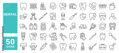 Set of 50 line icons related to dental, orthodontic, dentist, dentistry, toothbrush, Editable stroke. Vector illustration