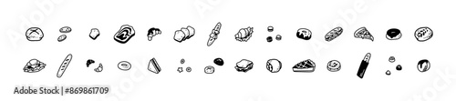 French patisserie minimalist icons. Deserts, bakery, chocolate cute line design elements. Croissant, baguette, slice of cake vector sketch drawings. Boho illustrations for lunch, brunch, breakfast