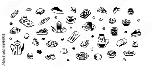 Cute doodle breakfast elements set. Coffee, beverage, desert, pancakes line icons. Brunch, lunch cafe, restaurant, brasserie and patisserie menu. Hand drawn sketch minimalist food design background