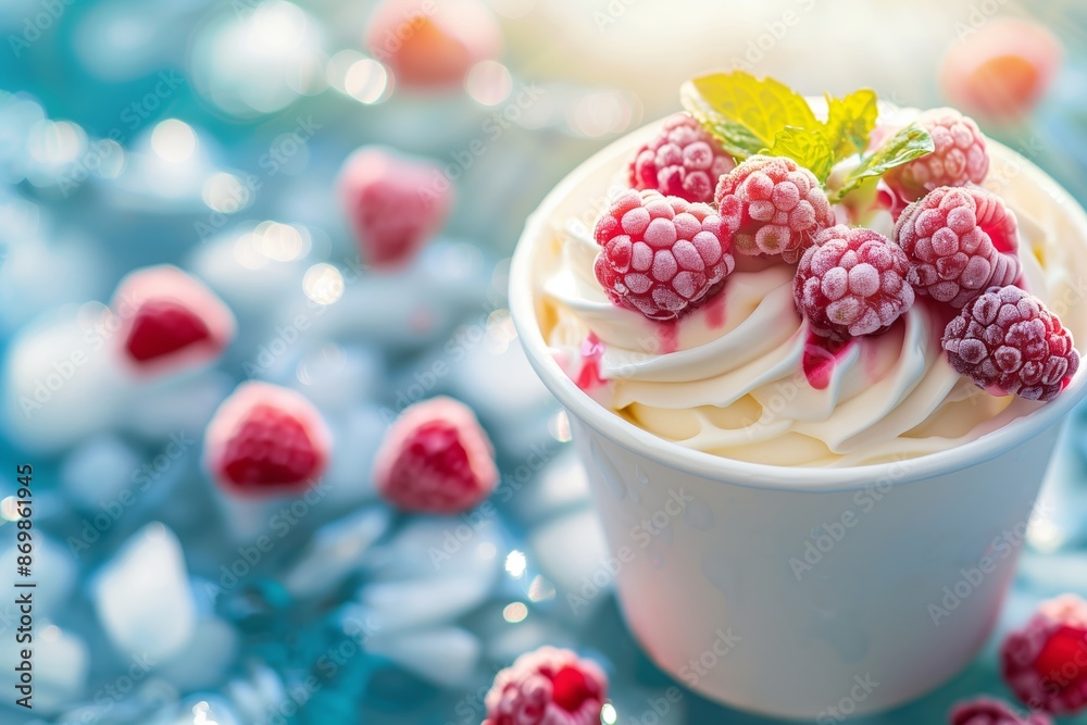 A delightful cup of creamy frozen yogurt topped with vibrant, fresh raspberries and a sprig of mint.