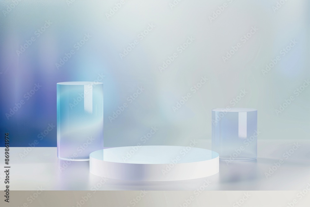 A white platform with a circular top sits on a white surface, flanked by two glass cylinders. The background is an ethereal, iridescent blue and white blur A white platform with a circular top sits on a white surface, flanked by two glass cylinders. The background is an ethereal, iridescent blue and white blur