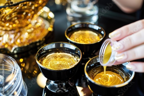 A hand carefully pours a golden liquid into a black bowl, surrounded by other bowls filled with the same shimmering substance