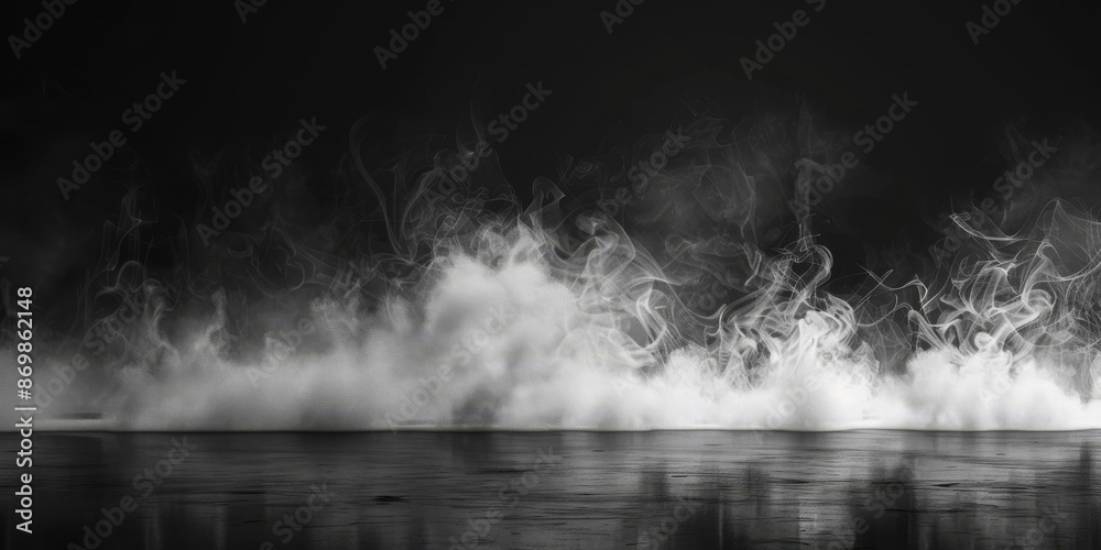A striking black and white image of billowing smoke over a reflective surface, creating an enigmatic scene.