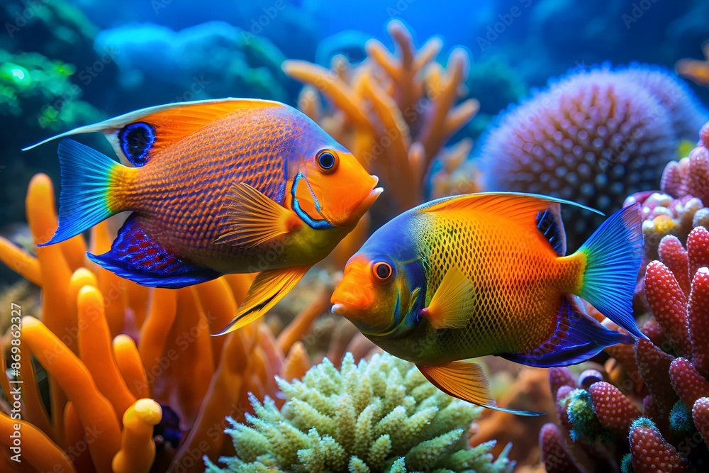 Vibrant orange and blue angel fish swim together, their iridescent scales shimmering in the sunlight, surrounded by lush seaweed and coral reef in a serene ocean scene. Vibrant orange and blue angel fish swim together, their iridescent scales shimmering in the sunlight, surrounded by lush seaweed and coral reef in a serene ocean scene.