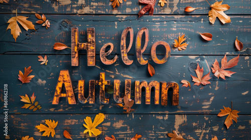 A close-up of rusty metal letters spelling Hello Autumn on a blue painted wooden plank background with scattered fall leaves