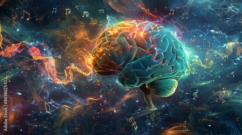 A concept art piece where a brain is depicted as a central core with spiraling strands of DNA, musical notes, and abstract art radiating outwards