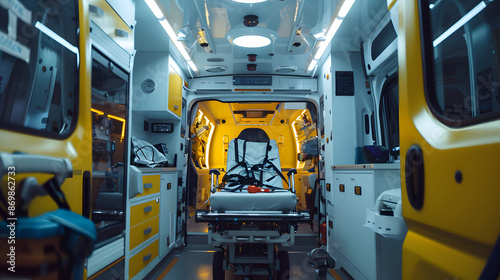 Ambulance interior, medical equipment ready, indirect light, close up, sense of urgency design