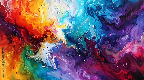 Colors collide and converge on the canvas, as liquid joy pours forth in a kaleidoscope of vibrant hues, breathing life into the realm of imagination.